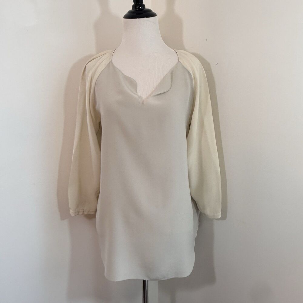Eileen Fisher Ivory White Light Gray Silk Blouse - XS Minimalist Luxury